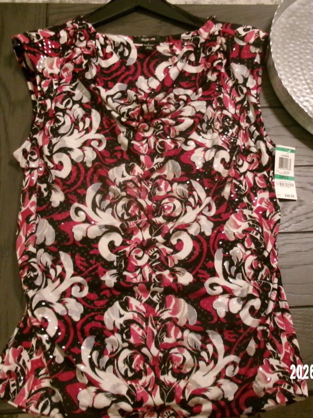 Style & Co Large Sleeveless Sparkle Cowl Neck Sleeveless Blouse New Black/Wht/Re